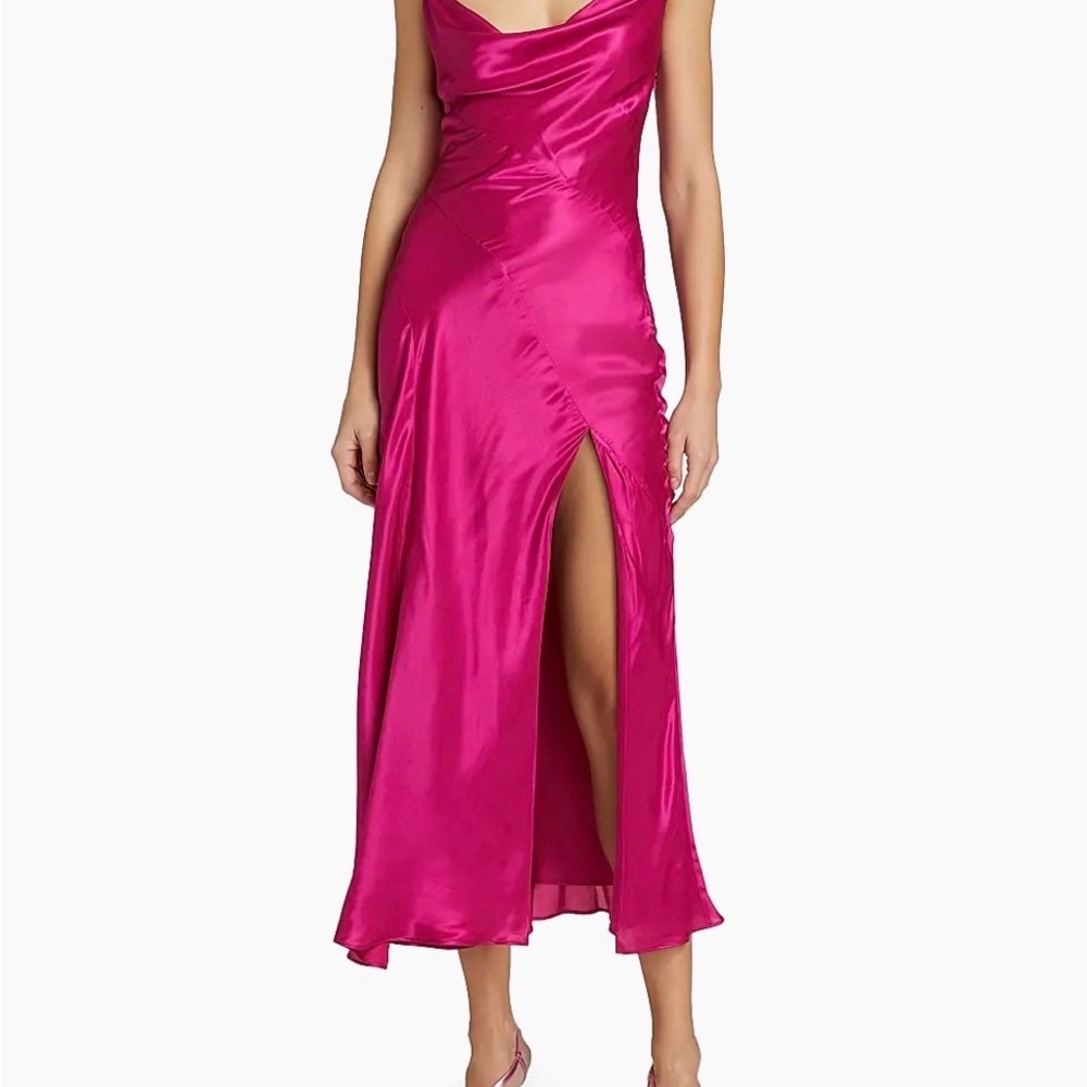 NICHOLAS Hot Pink Satin Cowl-Neck Maxi Dress with Front Slit